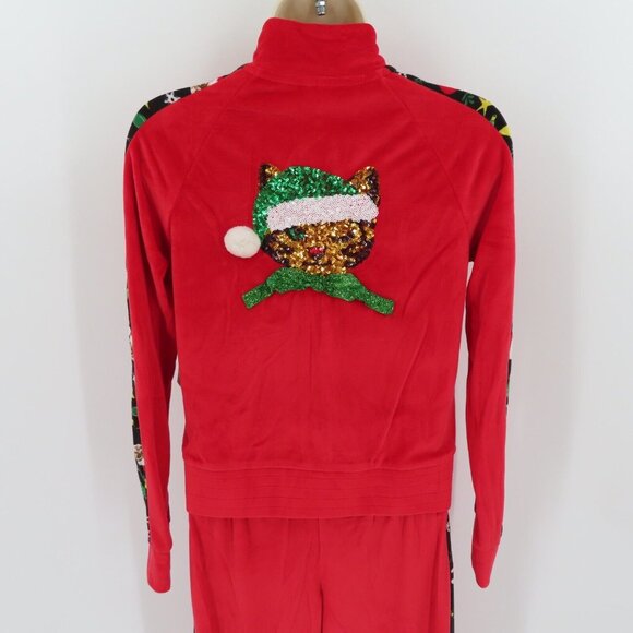 No Boundaries Juniors XS 1 Red Velour Tracksuit Cat Print Christmas Holiday NEW - Picture 8 of 15